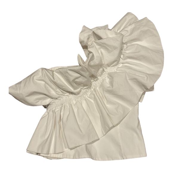 Zara Ruffle One Shoulder Poplin Asymmetric Top Smocked Back in white size small - Picture 12 of 12